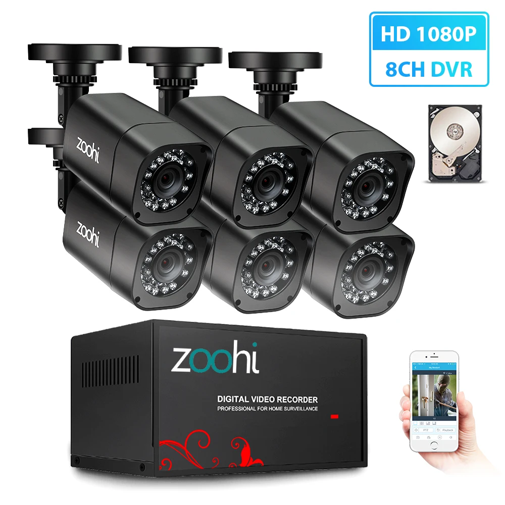 Zoohi AHD наружная система видеонаблюдения 1080P камера безопасности DVR комплект CCTV Водонепроницаемая домашняя система видеонаблюдения HDD P2P HDMI - Color: 1080P 6 Cameras 8CH