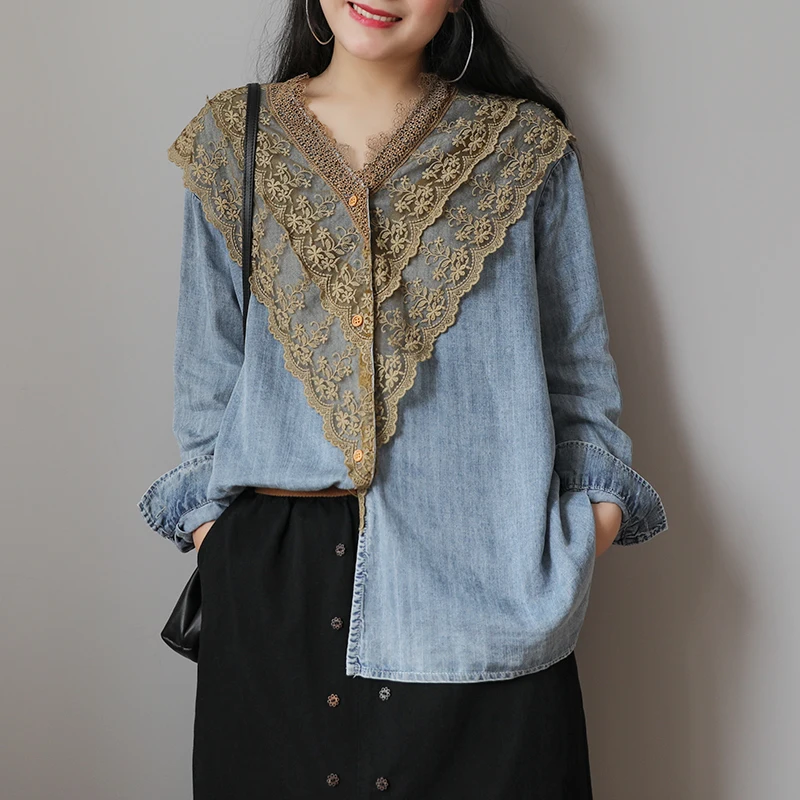 

Vintage Lace Shirts 2020 New Spring Women Clothes V-neck Blouse Full Sleeve Leisure Loose Concise Denim Ladies Tops