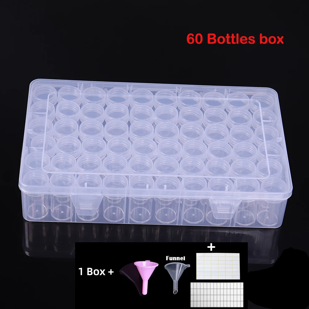 

60 Bottles Round Diamond Painting Box Tool Container Storage Box Diamond Cross Stitch Accessories Tool funnel Label sticker