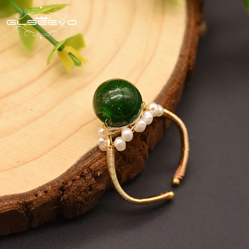 GLSEEVO зеленый Стекло натуральный пресноводный жемчуг кольцо для Для женщин девочек влюбленных кольца для свадьбы, помолвки подарок роскошные ювелирные украшения GR0252