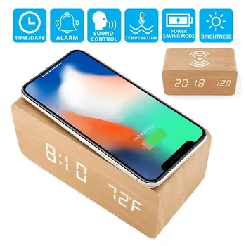 

Wooden Digital LED Desk Alarm Clock Thermometer Qi Wireless Charger DNJ998