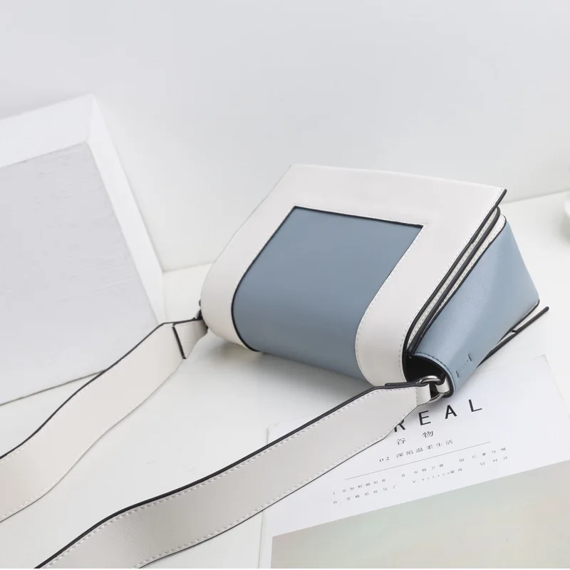 

Korean-style 2019 New Style Contrast Color Genuine Leather Square Sling Bag Versatile WOMEN'S Cow Leather Bag Wide-Strap Crossbo