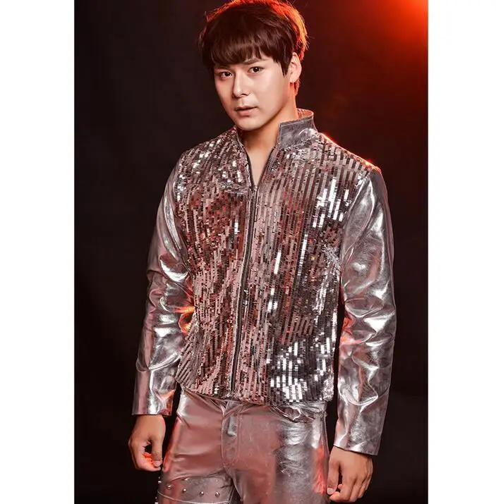 

Fashion singer men's sequins leather coats silver paillette mens motorcycle leather jackets clothing drum rack male costumes