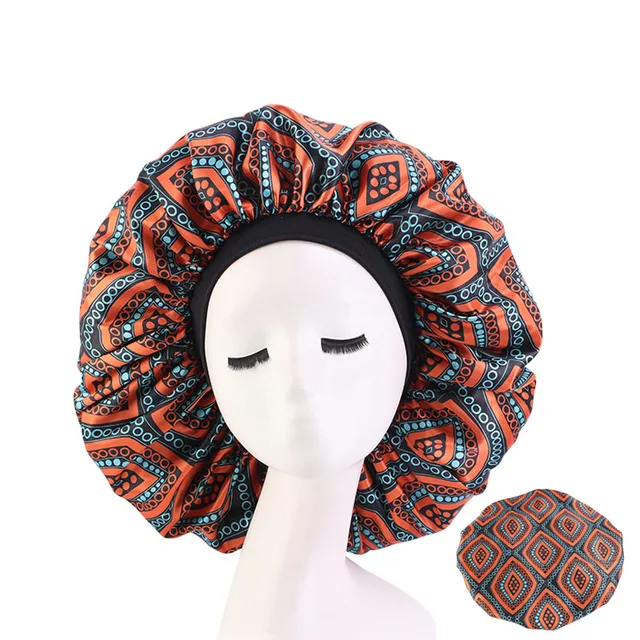 New Women Big Size Beauty print Satin Silky Bonnet Sleep Night Cap Head Cover Bonnet Hat for For Curly Springy Hair Black 408C blue orange