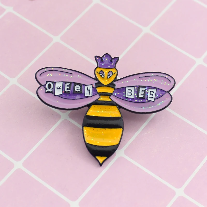 

Queen Bee Enamel Pin Purple Crown Wings Brooch Denim Jeans shirt bag Pink Cute Animal Jewelry gift for Friends Girls