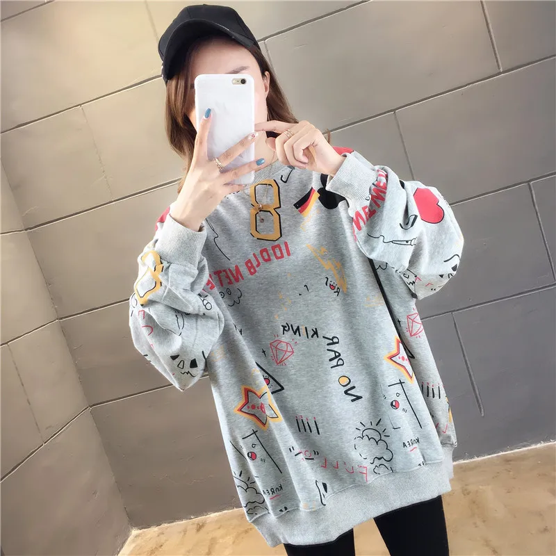 Women Autumn Graffiti Oversized Fashion Girls Loose Fit Long Coat Korean Kawaii Tops Hoodies Sweatshirts Women's Clothes