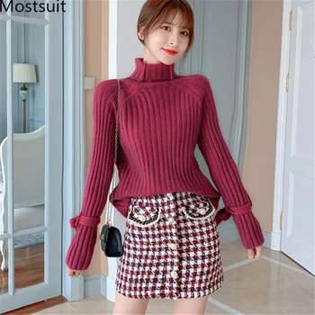 

2019 Winter Korean Fashion 2 Piece Skirt Suits Sets Women Turtleneck Sweater Pullover + Buttons Houndstooth Mini Skirt Suits Set