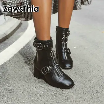 

ZawsThia 2020 new woman cool boots chunky high heels shoes buckle front zipper female ankle martin boots with metal zipper ring