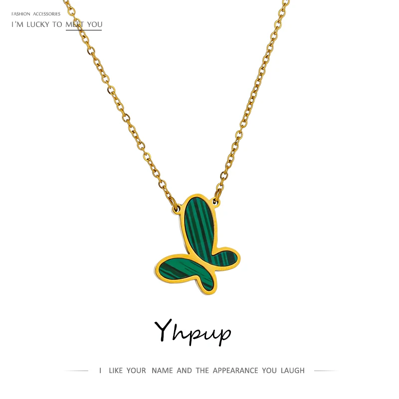 Pendant Necklace Jewelry Charm-Collar Malachite-Stone Stainless-Steel Gold Butterfly