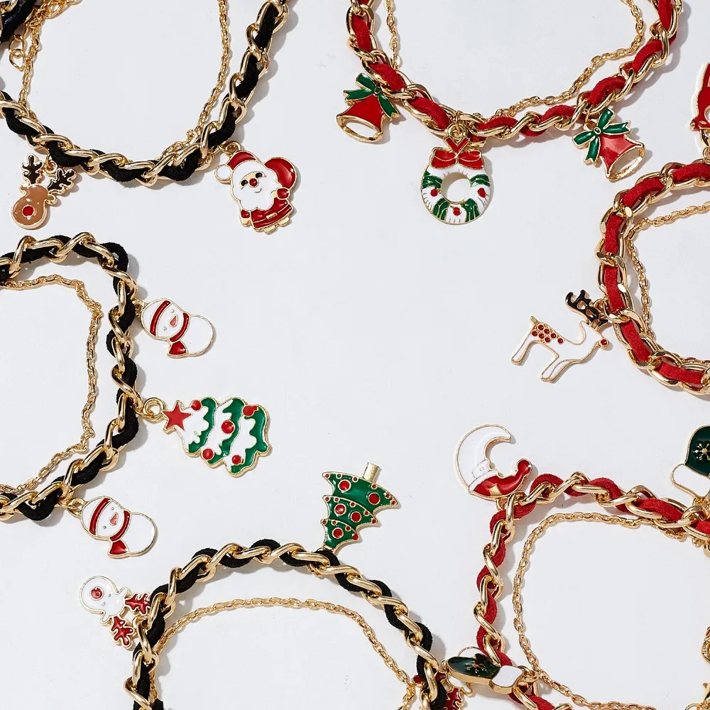 Rinhoo Christmas Adjustable Bracelets Women Santa Claus Elk Xmas Tree Gloves Wreath Snowman Moon Bells Double-layer Bracelets
