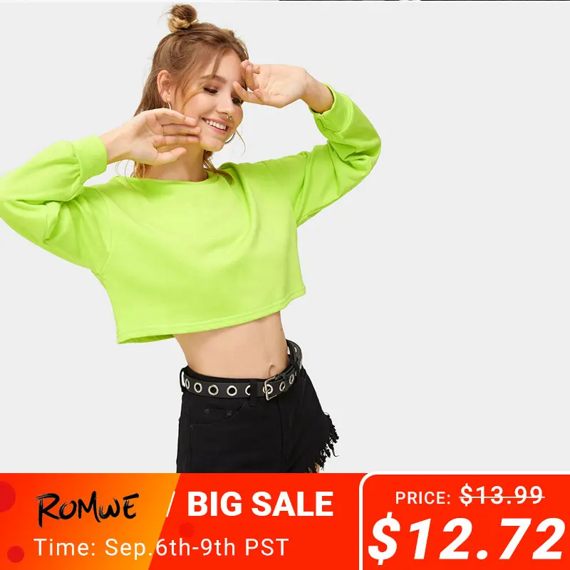 

ROMWE Bright Drop Shoulder Neon Green Solid Crop Pullover Women Spring Summer Sexy Basics Highstreet Crop Sweatshirt Tops
