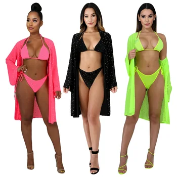 

Cutubly Fluorescence Bikinis Set Sexy Solid Shining Bathing Suits for Women 3 Piece Beach 2020 Sexy 3 Piece Bathing Suits