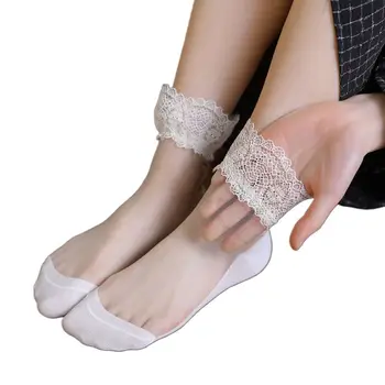 

Japanese Lolita Women Girls Ruffle Lace Frilly Mid Tube Socks Novelty Cartoon Cat Jacquard Crystal Fiber Casual Hosiery