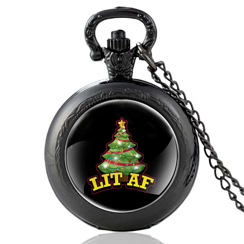 

Christmas Tree LIT AF Vintage Quartz Pocket Watch Charm Men Women Glass Dome Pendant Necklace Hours Clock