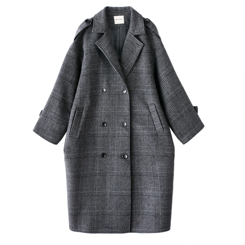 Осеннее женское клетчатое пальто, новое модное длинное шерстяное пальто, двубортное свободное Женское зимнее пальто, женская верхняя одежда WJ115 - Цвет: as picture