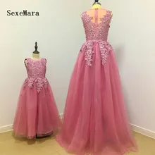 Кружевные розовые платья для мамы и дочки, Украшенные бусинами; праздничные платья для девочек; Детские праздничные платья для мамы и дочки на день рождения