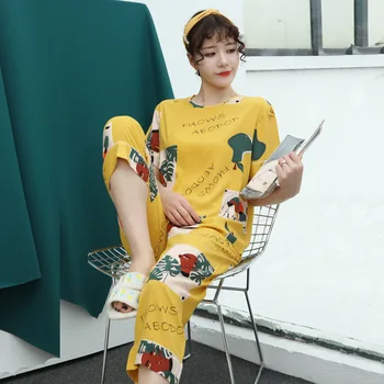 

Print Fashion Pajamas Autumn New Women's Short Sleeve Set Pyjamas Loose Large Size Artificial Cotton Silk Sleepwear
