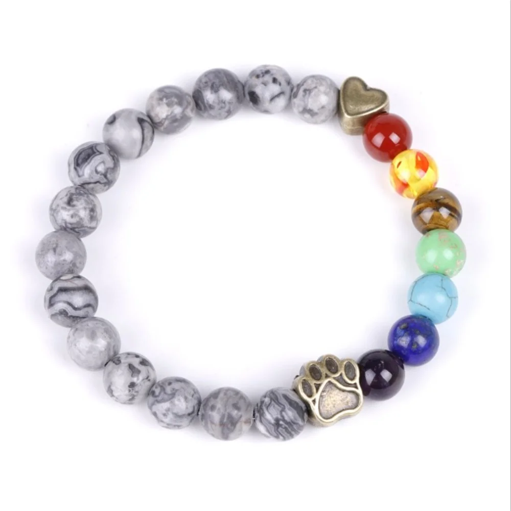 8mm Natural Stone Seven Chakras Beads Bracelet Dog Paw Heart Charms & Black Lava DIY Essential Oil Diffuser Jewelry | Украшения и