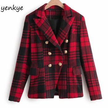 

Women Double-breasted Vintage Plaid Jacket Female Notched Collar Long Sleeve Work Wear Elegant Office Jackets Autumn Coat