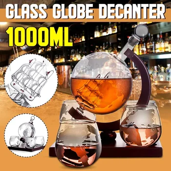 

Whiskey Decanter Antique Whiskey Dispenser Wine Aerator Crystal Glass Liquor Vodka Globe Decanter + Glass Cups Wood Stand 1000ML
