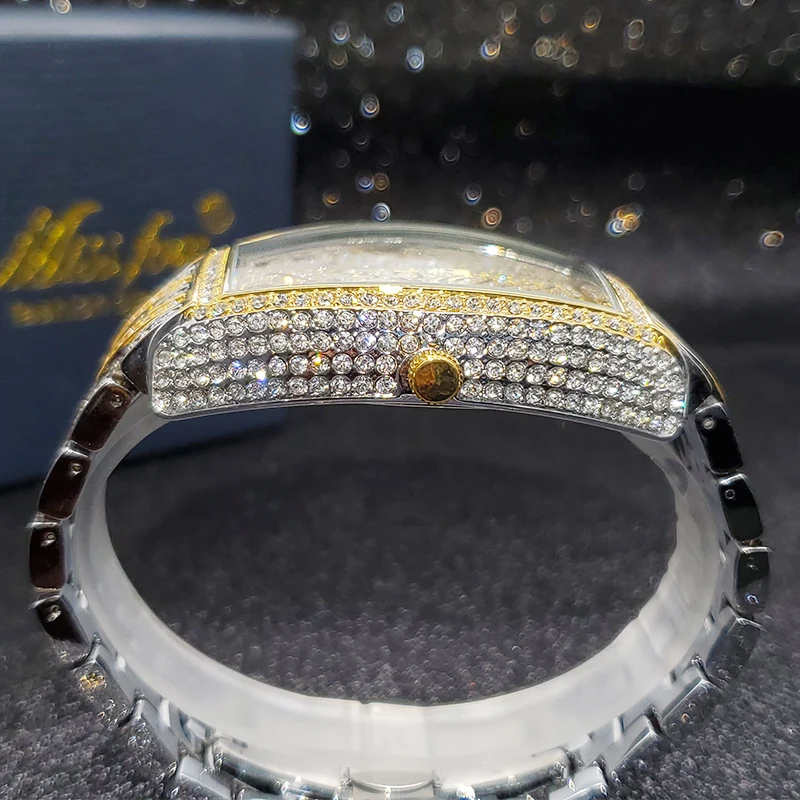 MISSFOX Ceas de aur pentru bărbați, ceasuri hip-hop bling bling tonneau cu cuarț pentru bărbați mari, impermeabil, ceas de mână Millerable_voghion.com