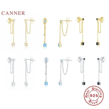 

CANNER Real 925 Sterling Silver Earrings For Women Fashion Chain White/Blue/Black/Green/Red Diamond Stud Earrings Pendientes