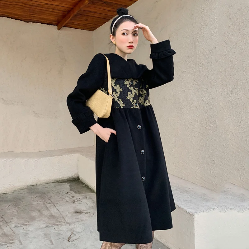 2021 Winter New Women Round Neck Single Breasted Ladies Fashion Long Sleeve Loose Patchwork Woolen Coat N311 | Женская одежда