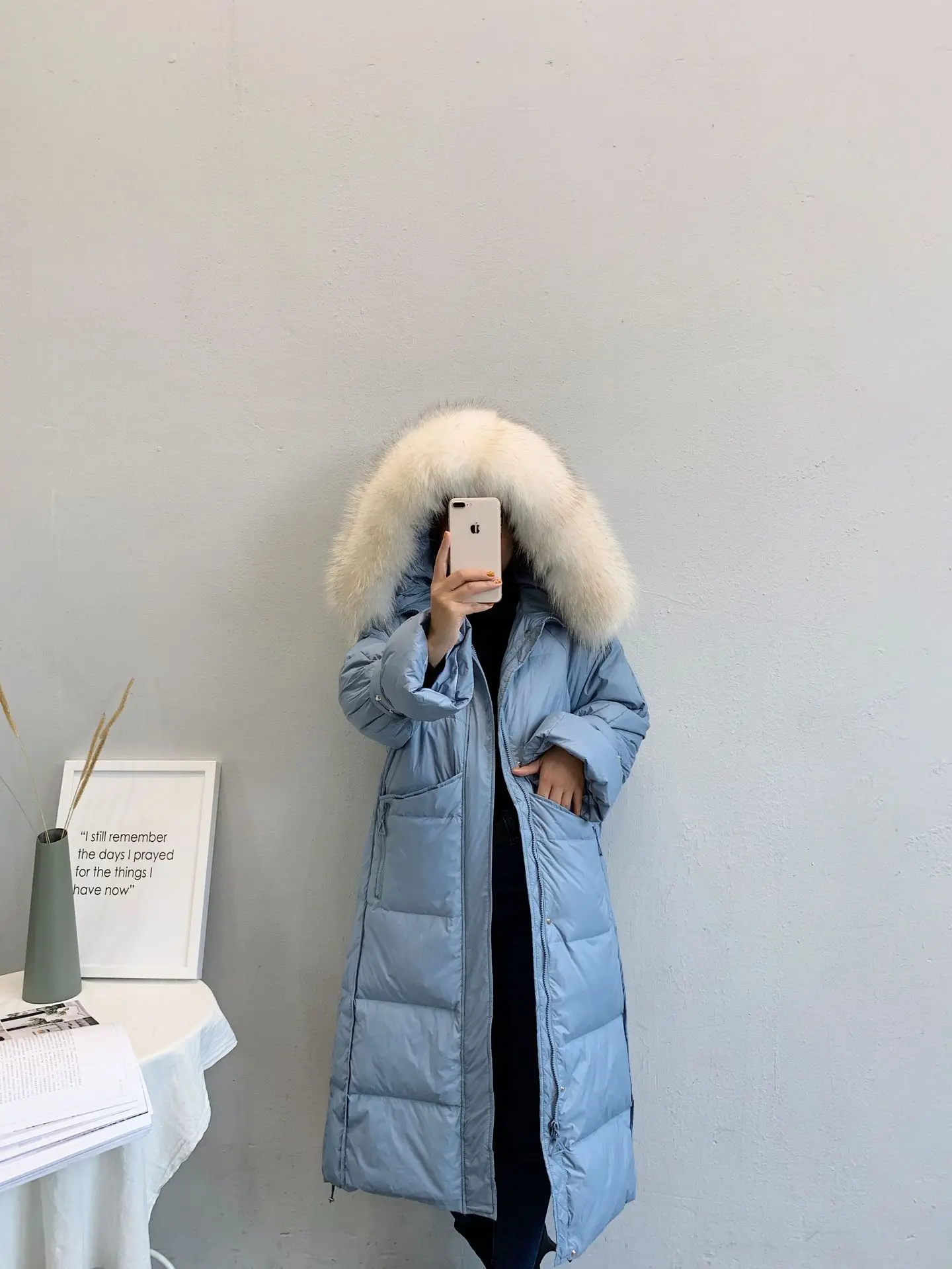 Зима, стиль, пуховик, женский, белый, утиный пух, свободный, женский, длинный, толстый, большой меховой воротник, с капюшоном, Женское пальто, модное