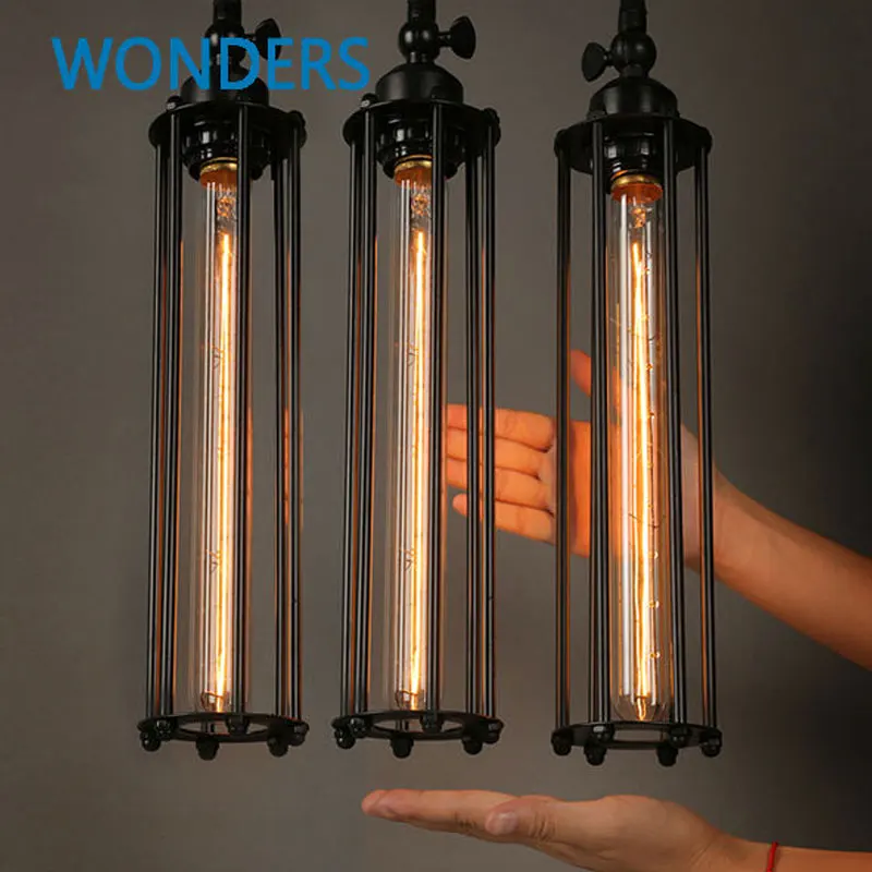 

Vintage Pendant Lights Long edison bulb E27 Iron cage shade Loft style Single minimalist plating Black metal Pendant lamp