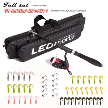 

Fishing rod full set tools Spinning reel with line Reflected soft lure Jig lead hooks lot Mini bag 50cm Kit Kid travel Sea ice