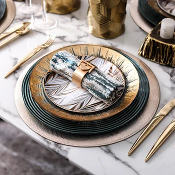 

Phnom Penh Feather Shape Line Pattern Ceramic Round Plate Dinner Tableware Plate Set Dish Porcelain Glass Dessert Dinnerware