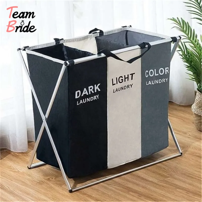 Laundry Basket Two/Three Grids Dirty Clothes Storage Basket Organizer Basket Collapsible Waterproof Folding Large Laundry Hamper - Color: 3