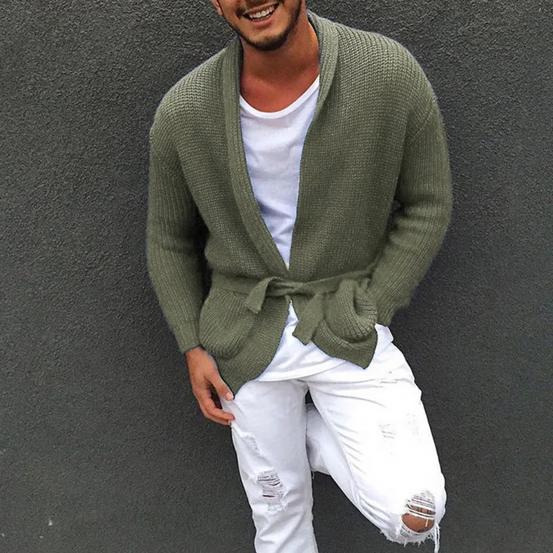 Men's Fashion Solid Color Long Sleeve Knitted Cardigans Males Shawl Collar Loose Slim Fit Lace Up Casual Sweater Coats New