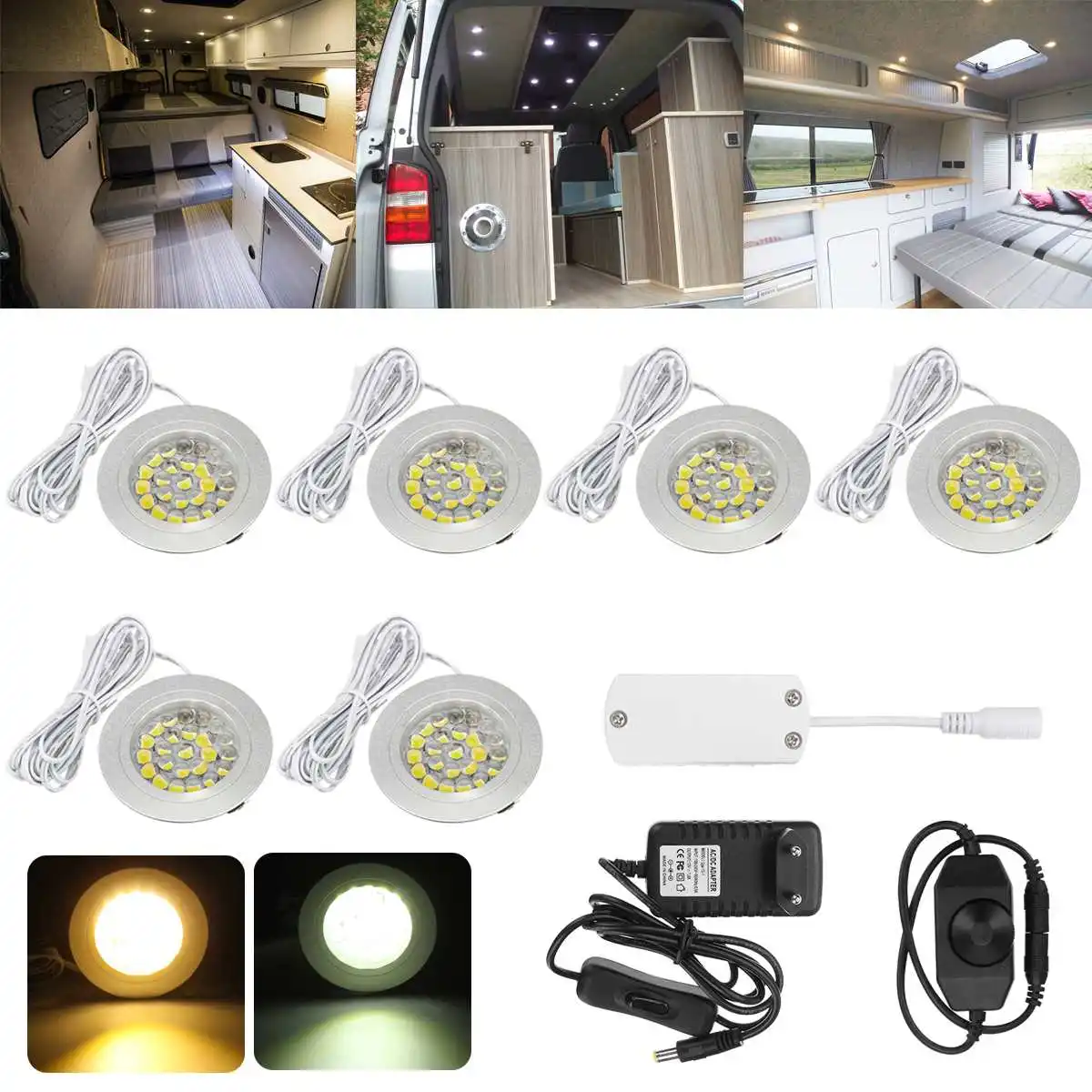 

6pcs 12V LED Spot Light Round Wall Lamp Cabinet Lights EU Plug Adapter For Hotel Home Bedroom RV Motorhome Boat