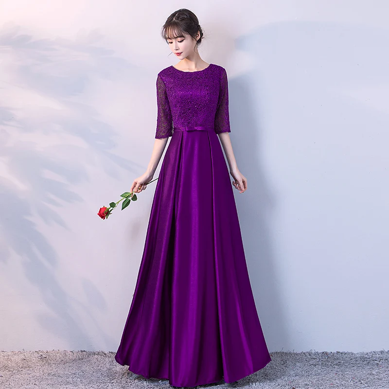 Purple Beauty-Emily, кружевные вечерние платья с круглым вырезом, с рукавом до локтя, с бантом, длинное атласное торжественное платье, открытые вечерние платья на молнии сзади, robe de soiree - Цвет: Purple