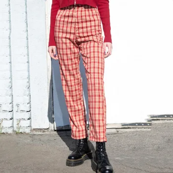 

Women Casual Pants Retro Long Pants Straight Pant Streetwear High Waist Women Pant Chic Tartan Red Trousers Pocket