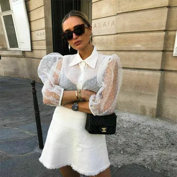 

New Women Mesh Sheer Blouse See-through Long Sleeve Top Shirt Blouse Fashion Pearl Button Transparent White Shirt Female Blusas