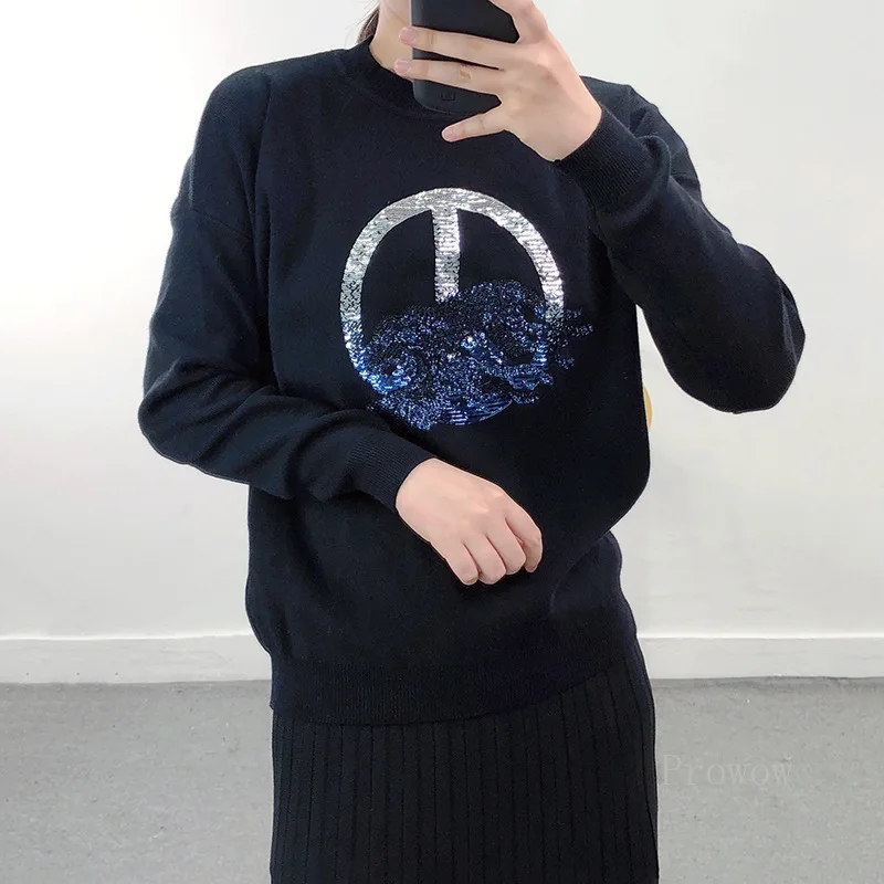 Fashion Sweater with Double Leopard Sequin Embroidered Women Loose Pullover 2021 Autumn Winter Knitwear Jumpers | Женская одежда