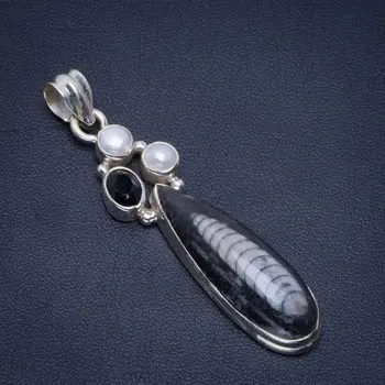 

Natural Fossil Orthoceras Shell,River Pearl and Black Onyx 925 Sterling Silver Pendant 2.25" B3030