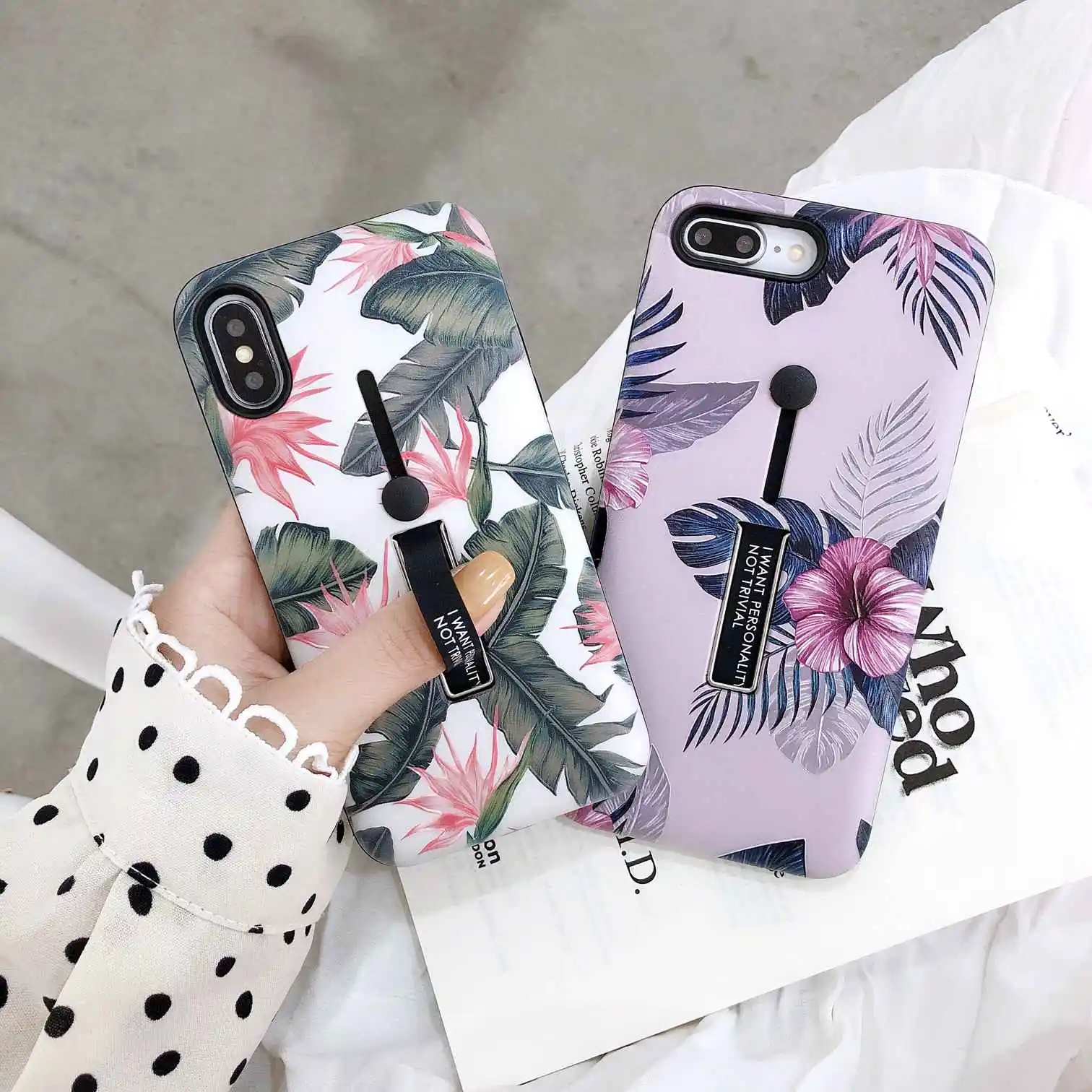 

Finger Loop Phone cover For iphone 7 8 XR XS MAX/XR/ 6s 6 Plus Case flower tree leaf pattern silicon Grip ring cover For iphone8