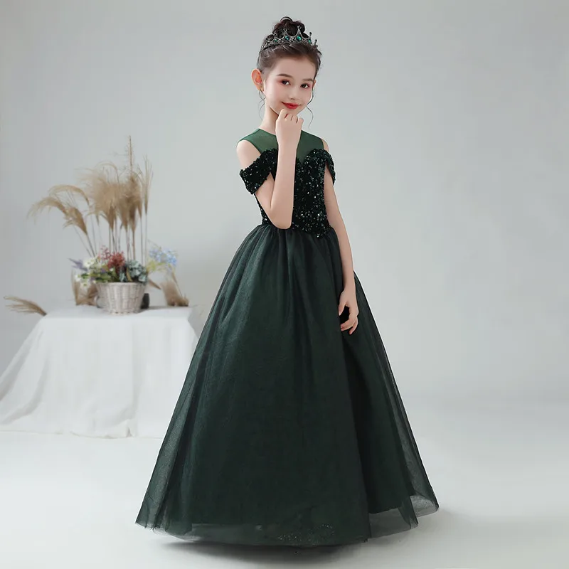 Kids Girls Formal Evening Party Gowns Long Wedding Princess Flower Girls Dresses Sequins Tulle Junior Bridesmaid Dress For Girls