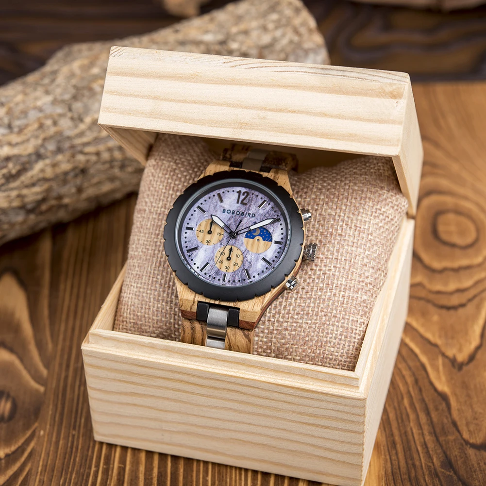 BOBO BIRD Orologio Uomo In Legno Naturale - Cronografo Al Quarzo Con Display Data, Cinturino Acciaio, Quadrante 4.5 Cm