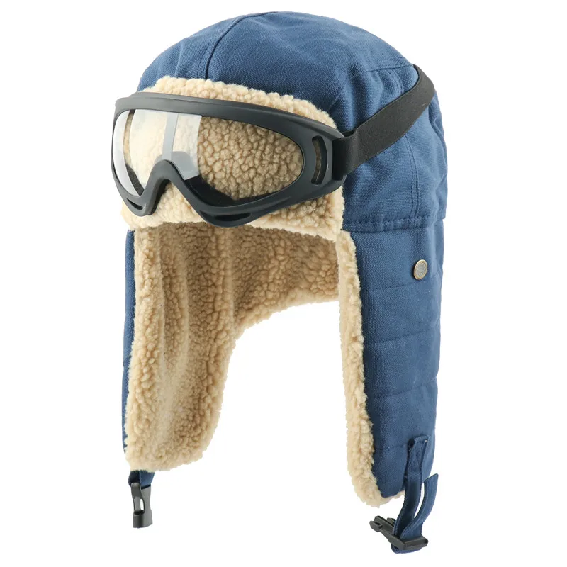 Blue with Goggles Зимние шапки-бомберы, ушанки, русская ушанка с очками, Мужские Женские шлемы, шлем летчика из искусственного берберского флиса, теплые зимние шапки - Цвет: Blue with Goggles