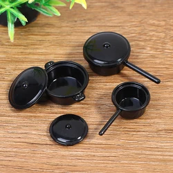 Mini Pot à soupe noir Miniature pour maison de poupée 1/12, 3 pièces, Simulation de poêle à lait à Long manche, ustensiles de cuisine, modèle jouets pour décoration de maison de poupée 