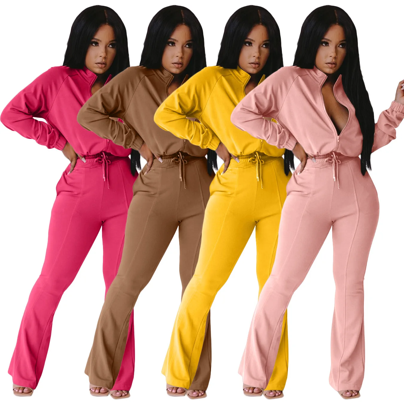 

Autumn New Casual Suit European and American Women's Solid Color Zip-up Jacket High Waist Bell-bottom Pants Two-Piece Set