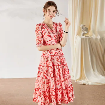 

Elegant Dress Women Summer 2020 New Designers Runway Fashion V Neck Half Sleeve Floral Print Midi Holiday Dress Casual Vestidos