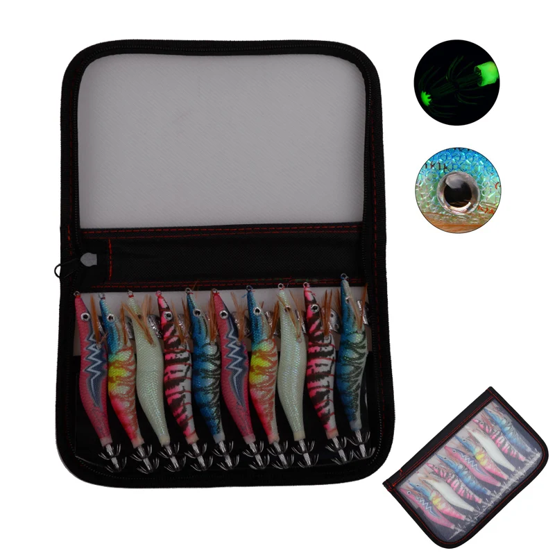 

10Pcs/Box New Squid bait Wood Shrimp Jig hooks 12g-21g Artificial Baits 3D Eyes Luminous Cuttlefish Octopus Saltwater lure