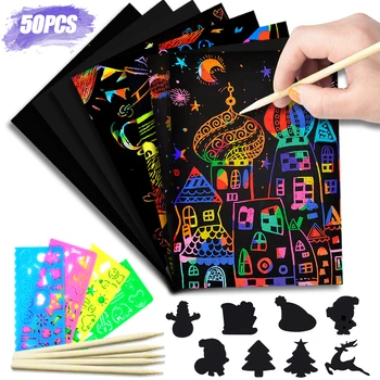 

50pcs Magic Rainbow Color Scratch Art Paper Card Set Graffiti Stencil Drawing Board Stick DIY Art Painting Toys Christmas Gifts