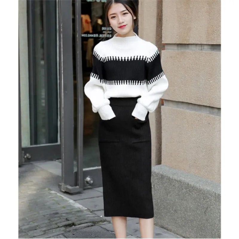 

Striped Long-sleeved Pullovers Knitted 2 Piece Sets 2019 Winter Runway Elegant Leisure Suit Skirt Set
