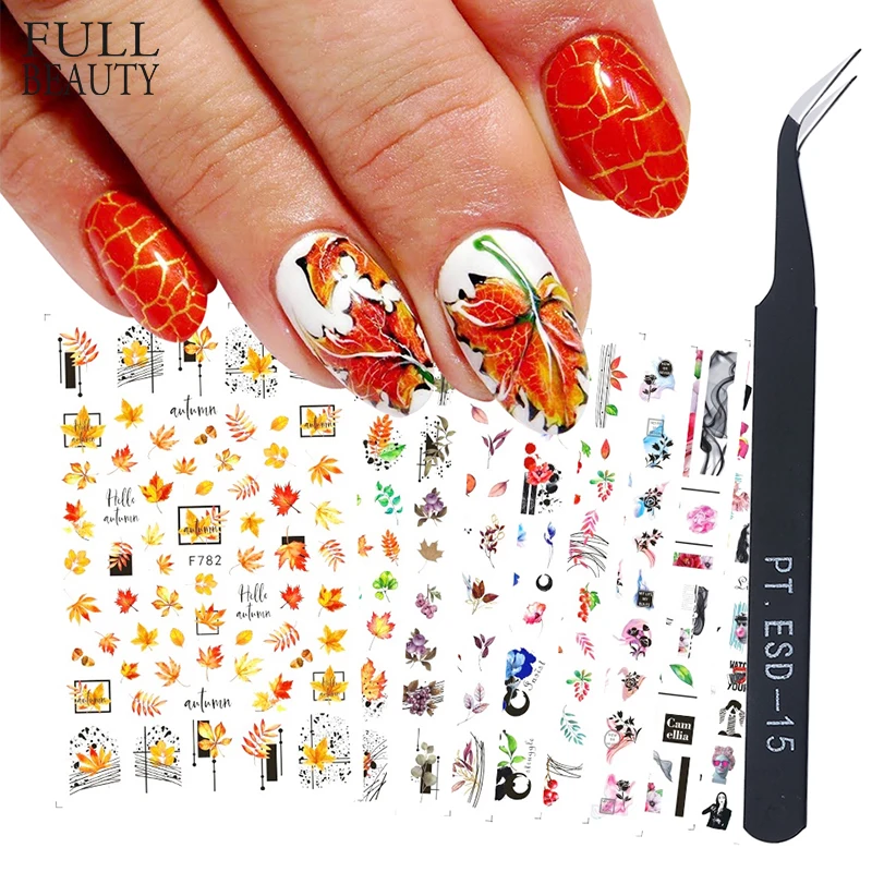 9 шт. осенний дизайн ногтей осенние наборы наклеек кленовый лист Хэллоуин